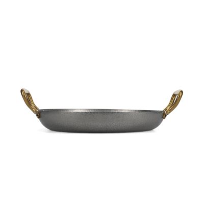 Servierschale 28 x H 5 cm mit goldenem Griff, gehämmert, antikes Silber Serve